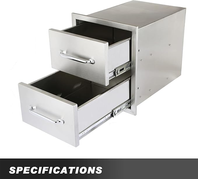 Ryan Stainless Outdoor Kitchen Drawers 14x14.5x23 Inch, 2-Tier Stainless Steel BBQ Double Access Drawers with Handle for Outdoor BBQ Island