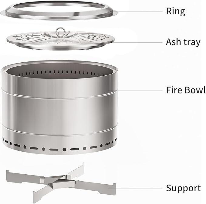 Panovue 22 inch Smokeless Fire Pit with Carry Bag, Stainless Steel Outdoor Smokeless Firepit, Wood Burning Fire Pits for Camping, Bonfire,Low Smoke Firepit for Outside(Silver)