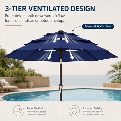 10ft Patio Umbrella, 3-Tier Vented Outdoor Table Umbrella with 8 Sturdy Fiberglass Ribs, Windproof Market Umbrella with Push Button Tilt and Crank, UV Protection for Deck, Pool, Navy Blue