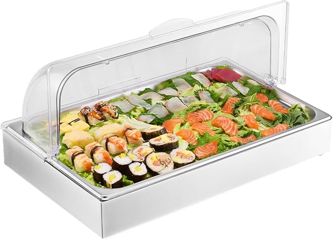 VEVOR Countertop Food Serving Display Container, 1 x 1 Pan Stainless Steel Food Serving Tray, Buffet Condiment Dispenser Display Rack with Clear Lid & 3 Ice Trays, for Restaurant Hotel Kitchen Party