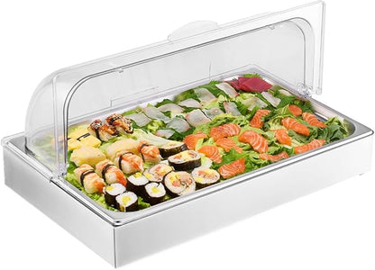 VEVOR Countertop Food Serving Display Container, 1 x 1 Pan Stainless Steel Food Serving Tray, Buffet Condiment Dispenser Display Rack with Clear Lid & 3 Ice Trays, for Restaurant Hotel Kitchen Party