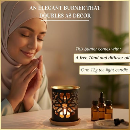 Oil Burner by Dukhni | Candle Diffuser & Free Oud Oil, Essential Oil Burner | Use for Fragrance Oil & Diffuser Oils | Home Aromatherapy, Stress Relief, Meditation, Massage & Islamic Gift for Women & Men