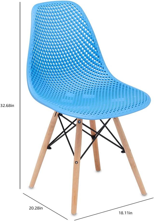 CangLong Dining Mid Century Modern Hollow Back Design Plastic Shell Armless Side Chair with Beech Wood Legs, Set of 2, Blue 1