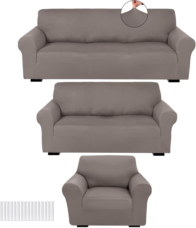Peryiter 3 Pcs Couch and Loveseat Sofa Covers,Taupe,Milk Silk | Armchair Covers for Living Room, Sofa Cushion Slipcover, Furniture Protector, Polyester and Spandex, Washable