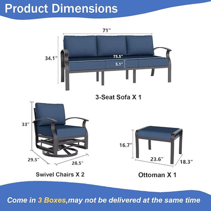 ALAULM Aluminum Patio Furniture Set with Swivel Chairs 7-seat Metal Outdoor Furniture Patio Sectional Sofas w/2 Ottomans for Porch, Backyard, Poolside-Dark Blue