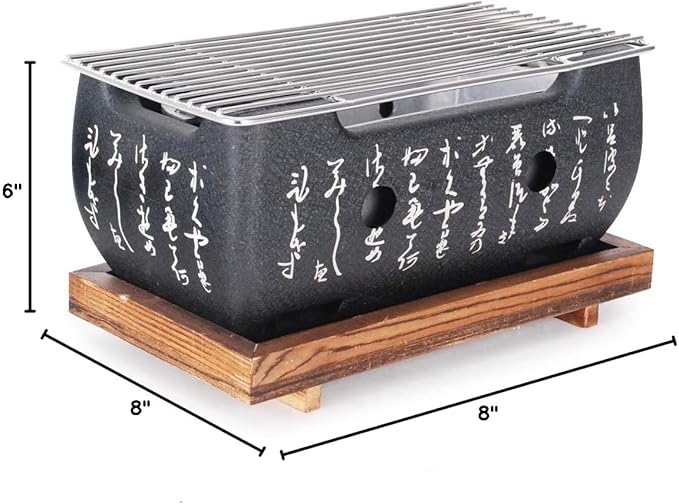 Aluminum Japanese Tabletop Shichirin Konro Charcoal Grill With Wire Mesh Grill and Wooden Base Hibachi Style Yakiniku Grill (9.5 inch Rectangular)