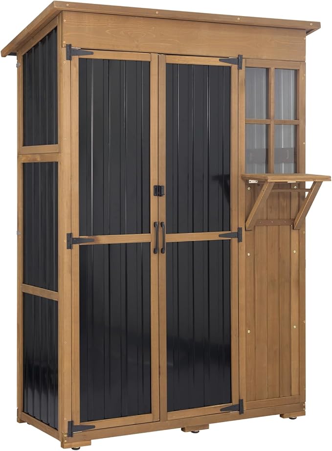Large Outdoor Storage Cabinet Waterproof with Shelves, Outside Storage Shed Tall Backyard Cabinet with Fold-Out Table for Patio, Garage, Garden, Pool Accessories Storage, Black, 70.5"H x 51"L