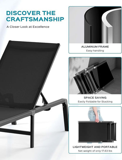 Ciokea Aluminum Foldable Lounge Chairs Set of 2 with 1 Outdoor Aluminum Side Table ，Perfect Match ，Suitable for Courtyard, Balcony, Lawn and Other Scenes，Black