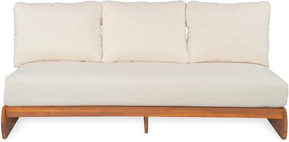 Merax Outdoor Acacia Wood Sofa with All-Weather Cushions, Patio Low 3-Seater Lounge Sofa for Porch, Lawn, Backyard, Balcony, Beige +Teak