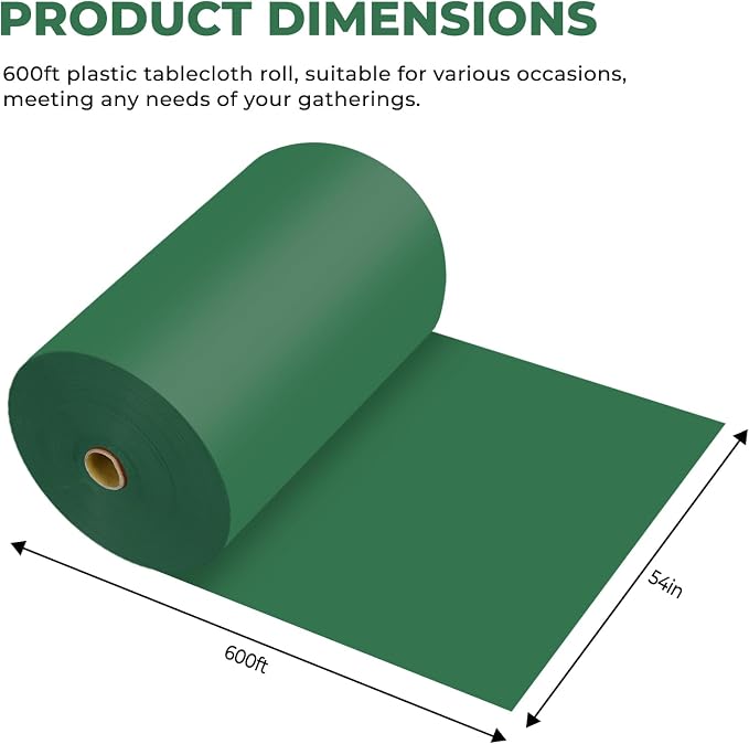 54 Inch X 600 Feet Plastic Table Cover Roll Premium Disposable Plastic Tablecloth for All Type/Shape Tables | Picnic, Party, Banquet, Birthdays, Weddings (Green, 54 Inch X 600 Feet)