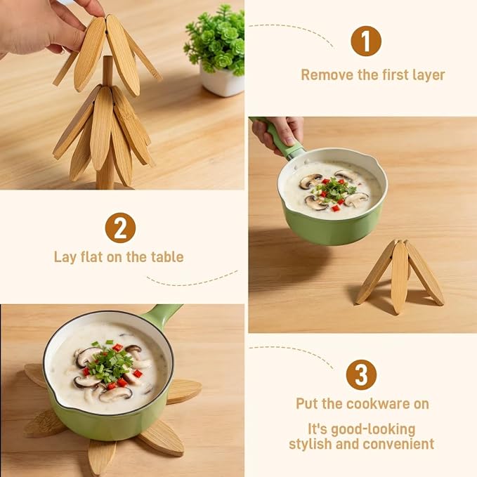 DecBeLiv Foldable Tree Trivet Wooden Hot Plate Holder, Bamboo Trivet for Hot Dishes, Heat-Resistant Pot Holder Tree for BBQ, Picnic, Outdoor Dining & Kitchen Decor(Walnut-3)