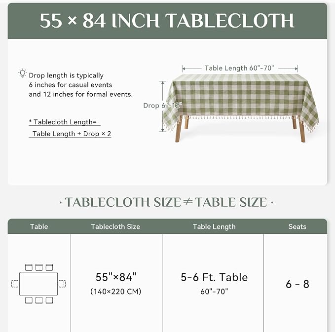 Softalker Outdoor Checkered Tablecloth, Linen Cotton Gingham Table Cloths for 6 Foot Rectangle Tables with Tassel, Heavy Duty Wrinkle Free Plaid Table Cover for Picnic Camping - 55 x 84 Inch, Sage