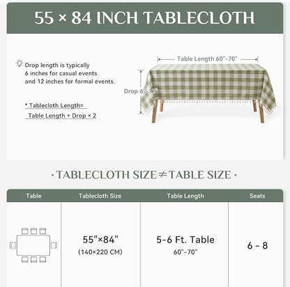 Softalker Outdoor Checkered Tablecloth, Linen Cotton Gingham Table Cloths for 6 Foot Rectangle Tables with Tassel, Heavy Duty Wrinkle Free Plaid Table Cover for Picnic Camping - 55 x 84 Inch, Sage