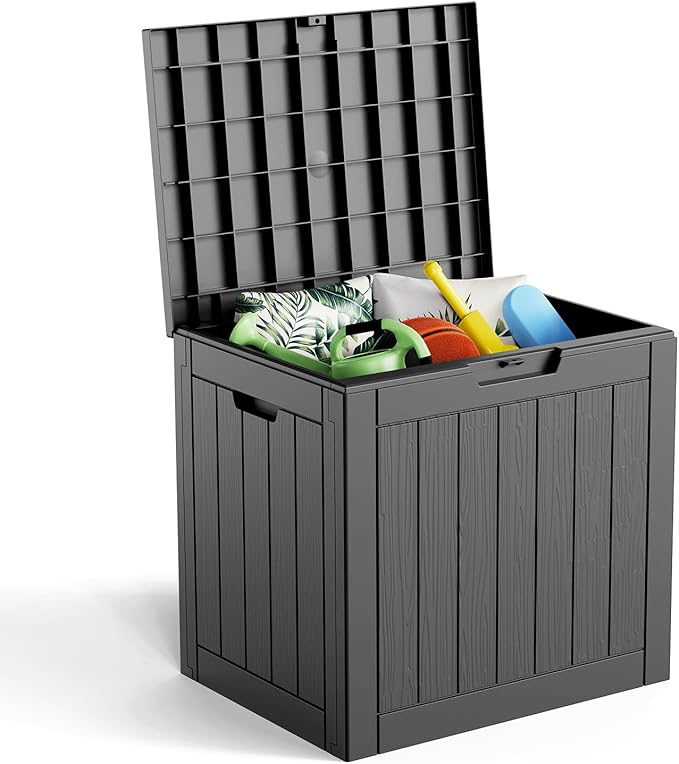 Pepe Tee Waterproof Resin Deck Box, Outdoor Storage Bin with Slatted Texture, All-Weather Patio Side Table & Garden Organizer, Black