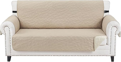 CUCRAF Non Slip Quilted Sofa Cover, Water Resistant Slipcover Furniture Protector for 2 Cushion Sofa Pet Friendly, Washable Couch Cover with Adjustable Elastic Straps (Medium-XL Loveseat, Beige)