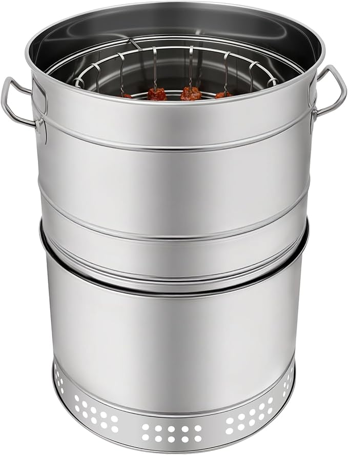 Large Portable Charcoal Grill - 360 Stainless Steel BBQ Grill Barrel with Oil-Carbon Separation, 16.14in Diameter, 50 Skewers & Grill Net for Camping, Picnics & Backyard BBQs