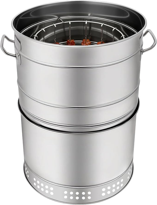 Large Portable Charcoal Grill - 360 Stainless Steel BBQ Grill Barrel with Oil-Carbon Separation, 16.14in Diameter, 50 Skewers & Grill Net for Camping, Picnics & Backyard BBQs