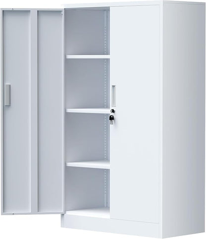 iJINGUR Metal Storage Cabinet with Locking Doors and Adjustable Shelves, 53.5-Inch Tall Lockable Storage Cabinets for Home Office Garage Kitchen Pantry (White)