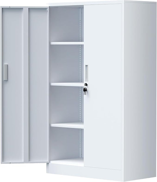 iJINGUR Metal Storage Cabinet with Locking Doors and Adjustable Shelves, 53.5-Inch Tall Lockable Storage Cabinets for Home Office Garage Kitchen Pantry (White)