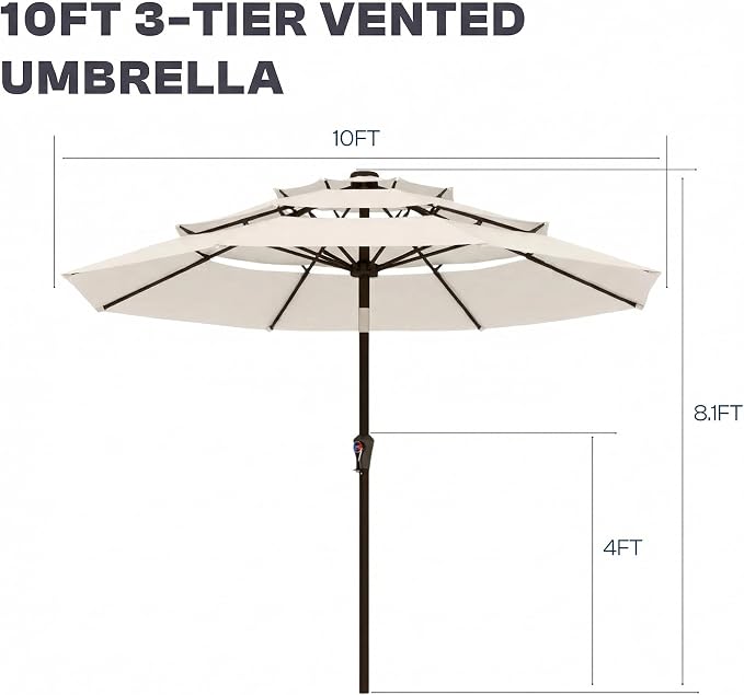 10ft 3 Tier Patio Umbrella, Outdoor Market Table Umbrella with UPF 50+ Vented Canopy, 8 Sturdy Ribs, Easy Push Button Tilt and Crank, Windproof for Deck, Pool, Backyard and Garden