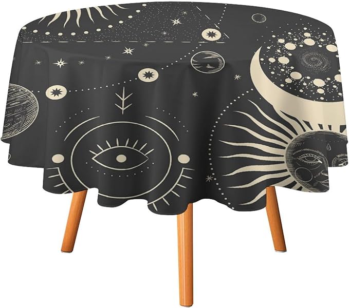 Sun Moon Round Tablecloth Boho Astrology Mystical Celestial Star Crescent Galaxy Space Table Cloth Water Resistant Wipeable Table Cover for Farmhouse Picnic Party Holiday Kitchen Dinner Table 60"