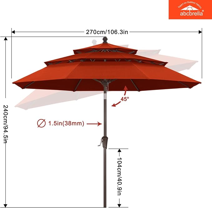 ABCCANOPY 9FT 3-Tier OLEFIN® Patio Umbrella, 5-Year No Fading, Orange | Heavy Duty Fade-Resistance Outdoor Table Umbrella, 8 Sturdy Ribs, Tilt, Crank for Deck, Backyard, Garden, Yard, Pool