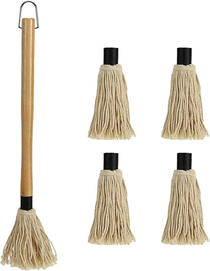 BBQ Mop Brushes for Sauce, Grill Basting Mop Wooden Long Handle BBQ Mop with 4 Extra Replacement Heads Perfect for BBQ Grilling Smoking Steak Marinade or Glazing (18 Inch)