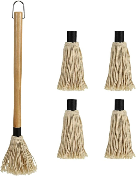 BBQ Mop Brushes for Sauce, Grill Basting Mop Wooden Long Handle BBQ Mop with 4 Extra Replacement Heads Perfect for BBQ Grilling Smoking Steak Marinade or Glazing (18 Inch)