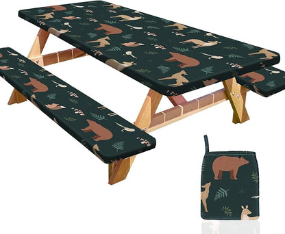 Picnic Table and Bench Cover Set, Waterproof Fitted Elastic Cloth | Portable Camping Essentials With Built-In Storage Pocket And Waterproof Fabric For Outdoor RV Or Picnic Table Use