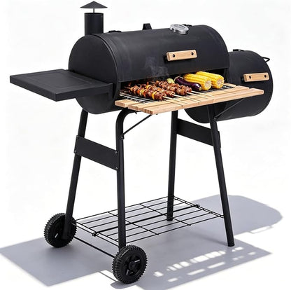 Portable Charcoal Grill with Foldable Side Shelf & Bottom Shelf, BBQ Smoker with Wheels and Adjustable Lid Vents for Picnic, Camping, Backyard Cooking (48.75" x 20.75" x 41")