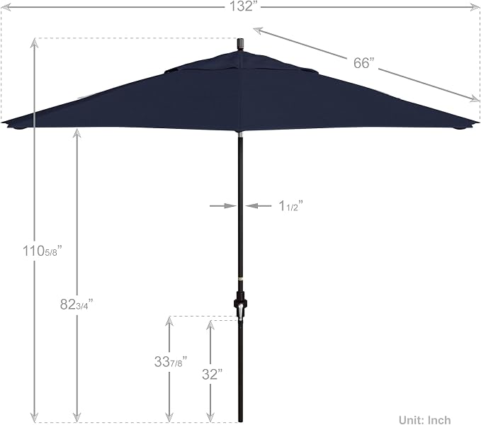 California Umbrella 11Ft Premium Patio Umbrella, Hand-Crank, Tilt-Collar, Bronze Frame, Solution Dyed Navy Fabric