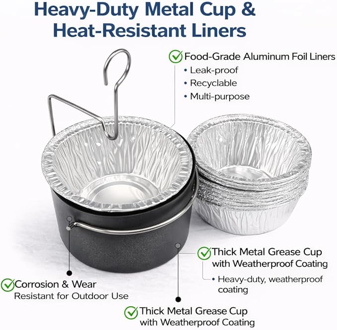 Grill Grease Cup with Clip for Char-Broil & Kenmore Grill Grease Tray Replacement - 15Pack Aluminum Foil Liners, Fits Masterbuilt 30"/40" Smokers Drip Pan Replacement Parts