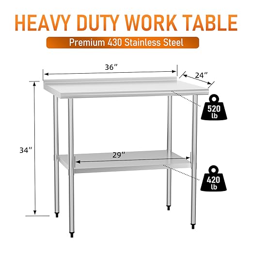 HOCCOT Stainless Steel Table 24" x 36" with Adjustable Undershelf and Backsplash, Commercial Metal Workstations for Kitchen, Garage, Outdoor BBQ