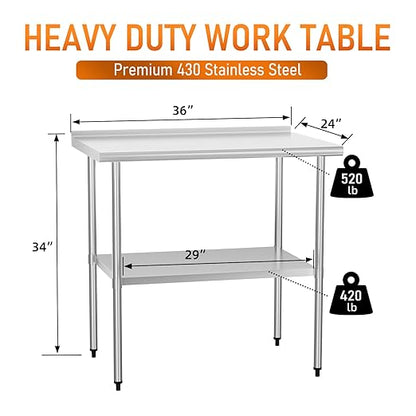 HOCCOT Stainless Steel Table 24" x 36" with Adjustable Undershelf and Backsplash, Commercial Metal Workstations for Kitchen, Garage, Outdoor BBQ