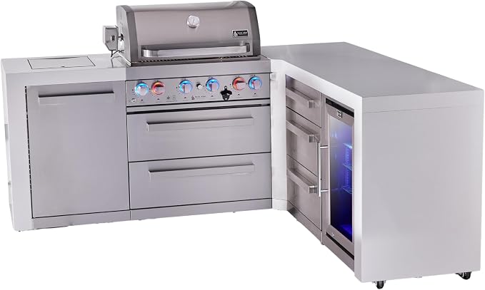 Mont Alpi Premium 4-Burner 82"x75" L-shaped 400 Deluxe Stainless Steel Island Modular Outdoor Kitchen Island BBQ Gas Grill + Infrared Side & Rear Burners + Refrigerator + Storage Drawers & Cabinets