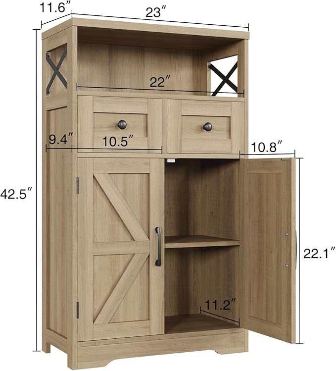 Befrases Natural Wood Storage Cabinet with Drawers and Shelves, Standing Kitchen Pantry Cabinet, Floor Storage Cabinet Hutch Cupboard, Coffee Bar Station for Dining Living Room Home Office