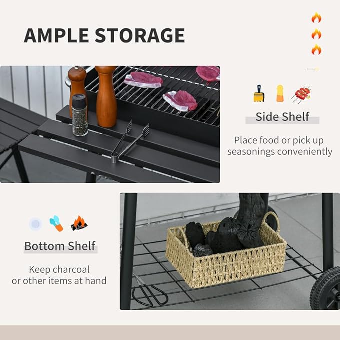 Portable Charcoal Grill for Outdoor Barbecue, Compact Steel BBQ Smoker with Wheels, Side Shelf and Adjustable Vent for Camping, Picnic, Backyard Use