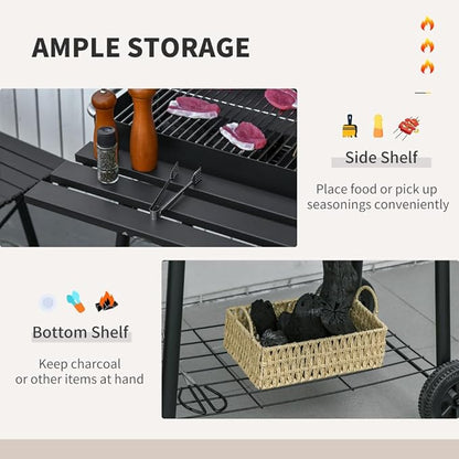 Portable Charcoal Grill for Outdoor Barbecue, Compact Steel BBQ Smoker with Wheels, Side Shelf and Adjustable Vent for Camping, Picnic, Backyard Use