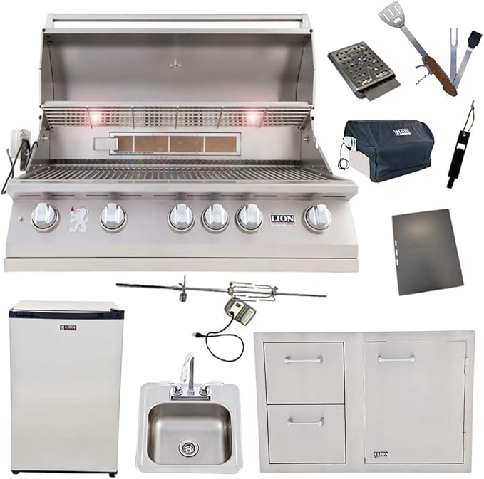 Lion 40-Inch Liquid Propane Grill L90000 with Refrigerator and Door and Drawer Combo and Drop-in Sink with and 5 in 1 BBQ Tool Set Best of Backyard Package Deal