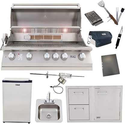 Lion 40-Inch Liquid Propane Grill L90000 with Refrigerator and Door and Drawer Combo and Drop-in Sink with and 5 in 1 BBQ Tool Set Best of Backyard Package Deal