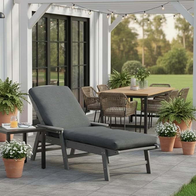 Modern Outdoor Chaise Lounge Cushion with Ties – Durable Polyester Fabric, Channel-Filled Polyfiber Insert, Removable Zippered Cover, Carbon