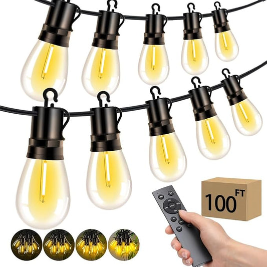 Outdoor Patio String Lights: S14 Shatterproof Bulb Outside Waterproof Light - 100FT 30M Remote Dimmable Connectable Hanging Outdoor Electric Lighting - Garden Backyard Yard Gazebo Porch Party