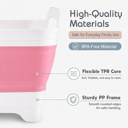 2.4 Gal(9L) Collapsible Dish Basin with Drain Plug, Space Saving Outdoor Multiuse Foldable Sink Tub, Dishpan, Kitchen Storage Tray for Camping, Vegetable Washing, RV (Pink)