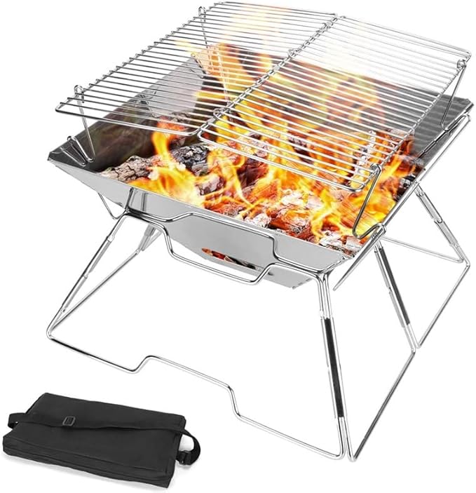 Portable Charcoal Grill Stainless Steel Folding BBQ Grills for Camping Outdoor Barbecue Grill Picnic Travel, Easy Clean Light Grey,LightGrey-D