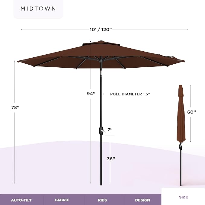 Midtown Umbrellas – The Lean 10 Ft Patio Umbrella with 10-Year-No-Fade Acrylast Acrylic Fabric, Auto-Tilt and 8 Reinforced Ribs for Deck, Pool, Garden, Hotel & Cafes – Cedar Wood Canopy, Black Pole