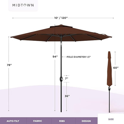 Midtown Umbrellas – The Lean 10 Ft Patio Umbrella with 10-Year-No-Fade Acrylast Acrylic Fabric, Auto-Tilt and 8 Reinforced Ribs for Deck, Pool, Garden, Hotel & Cafes – Cedar Wood Canopy, Black Pole
