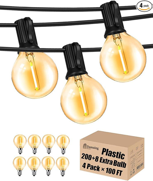 Outdoor String Lights Waterproof 400FT Outside Patio Lights for Bistro Cafe | 4-Pack x 100FT Connectable Outdoor Lighting,208 Dimmable Plastic G40 LED Globe Bulbs for Garden Porch Backyard Gazebo Balcony