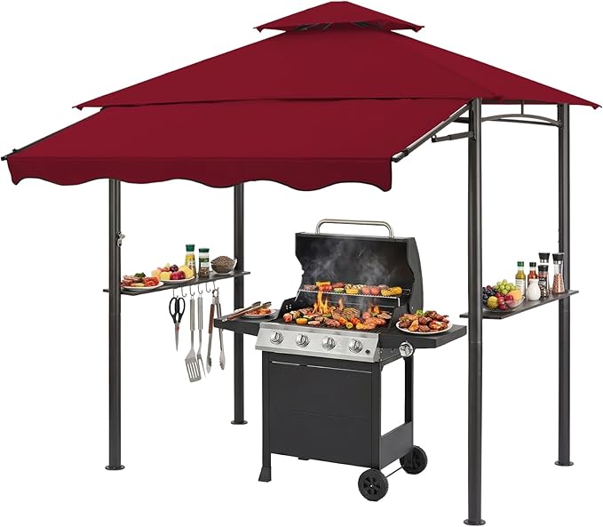 CHARMELEON 8x8 FT Grill Gazebo,Grill Canopy with Big Awning&2 Side Shelves&6 Hooks,Powder-Coated Steel BBQ Shelter for Patio Backyard Outdoor Grilling-Burgundy