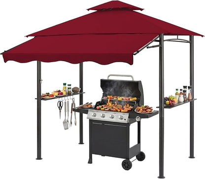 CHARMELEON 8x8 FT Grill Gazebo,Grill Canopy with Big Awning&2 Side Shelves&6 Hooks,Powder-Coated Steel BBQ Shelter for Patio Backyard Outdoor Grilling-Burgundy