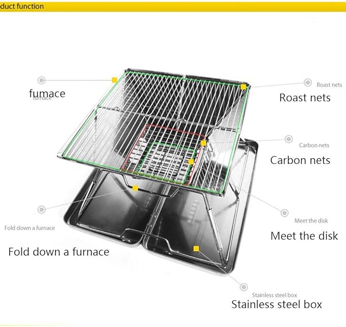 Portable BBQ Grill Folding Stainless Steel Griddle Barbecue Charcoal Grill Smoker Barbecue with Chrome Plated Cooking Grid for Table Camping Outdoor Garden Grill BBQ Utensil